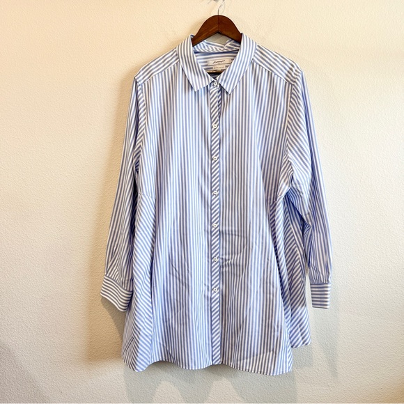 Foxcroft NYC Heritage Non Iron Shirt 22W Blue White Stripe Cotton Button Front - Picture 1 of 10
